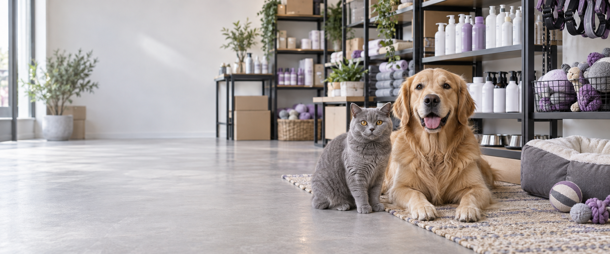 Dog and cat in a modern pet product supply showroom